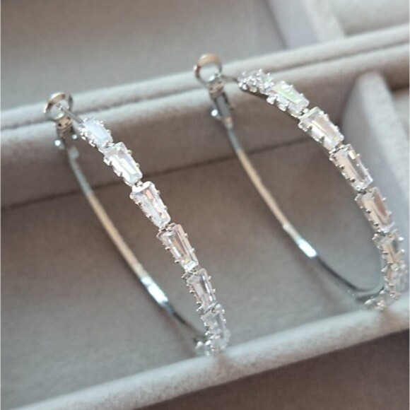 Cubic Zirconia silver tone hoop earrings - Picture 7 of 8
